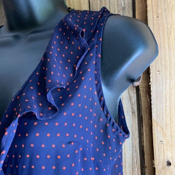 Forever 21 Sheer Peplum Navy and Orange Polkadot Crop Top Size Small - Picture 2 of 12